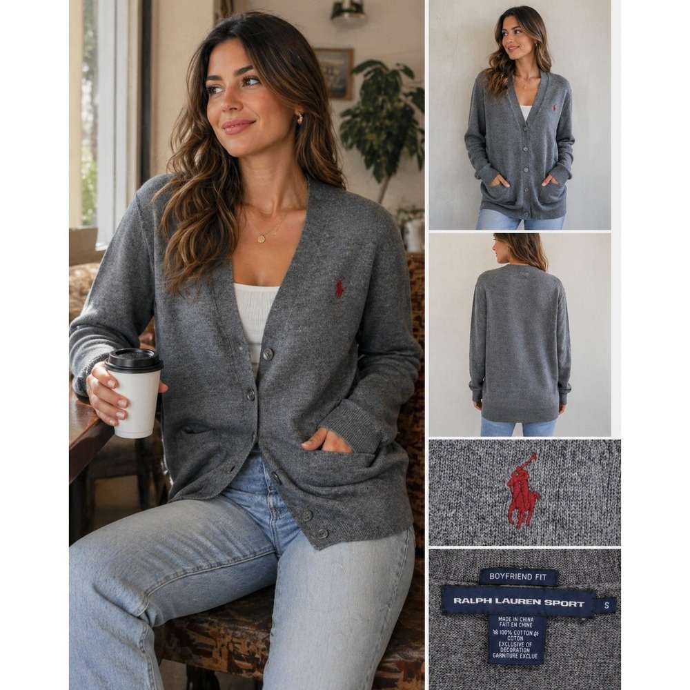 Ralph Lauren Sport Gray Merino Wool Boyfriend Fit Cardigan Sweater Womens Small